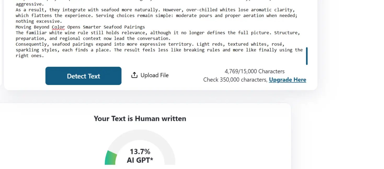 Text editor showing a filled text box above an AI detection result at 13.7% AI GPT