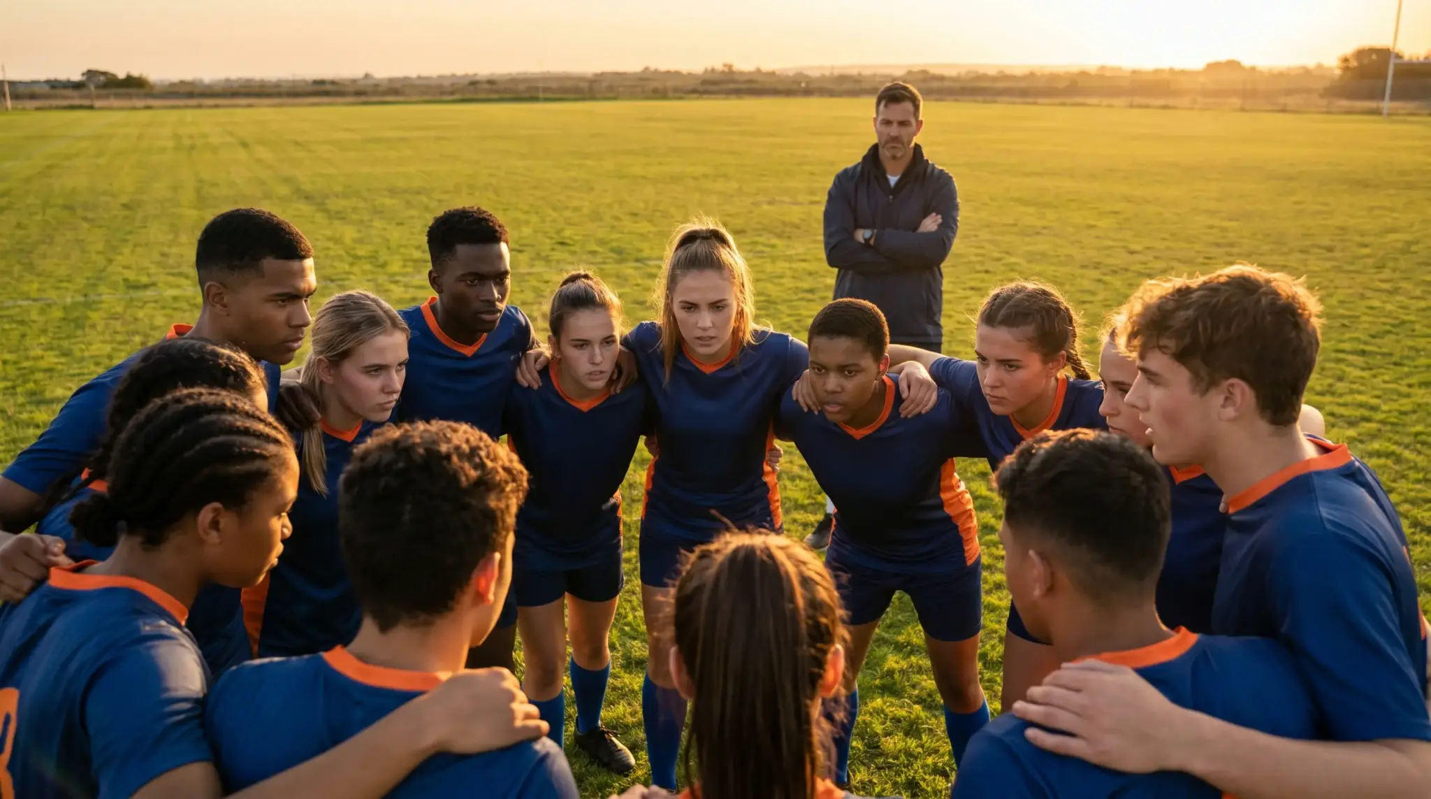 Soccer team in blue jerseys huddling on grassy field at sunset with coach observing