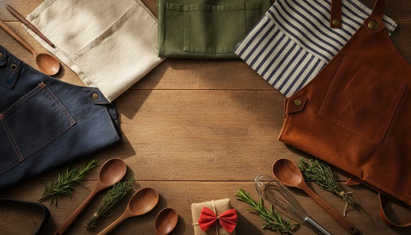 Assorted aprons and wooden spoons arranged on rustic wooden table with herbs and gift box