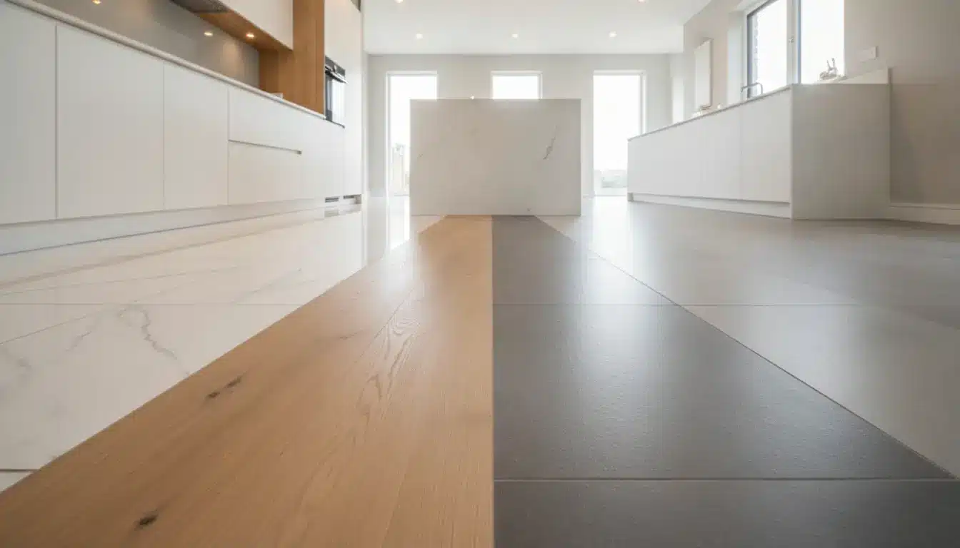 Modern kitchen interior with wood and tile flooring, white cabinets, and a central island