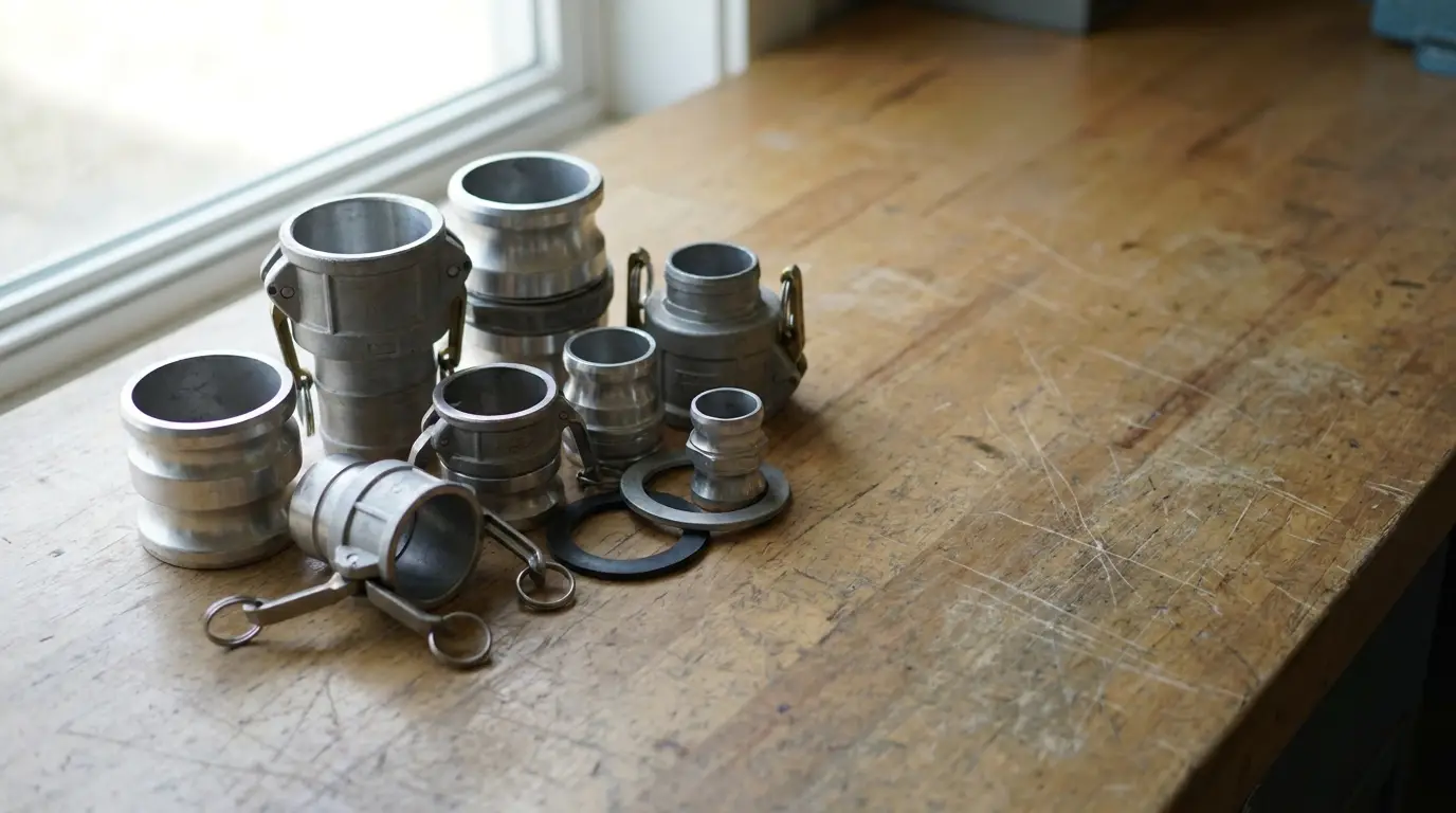 Assorted metal camlock fittings arranged on wooden workbench near window