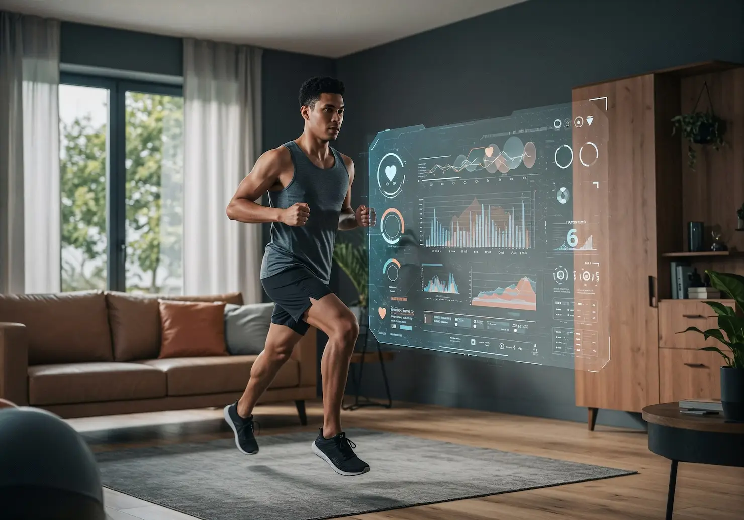Man wearing athletic gear jogging indoors with digital fitness dashboard display