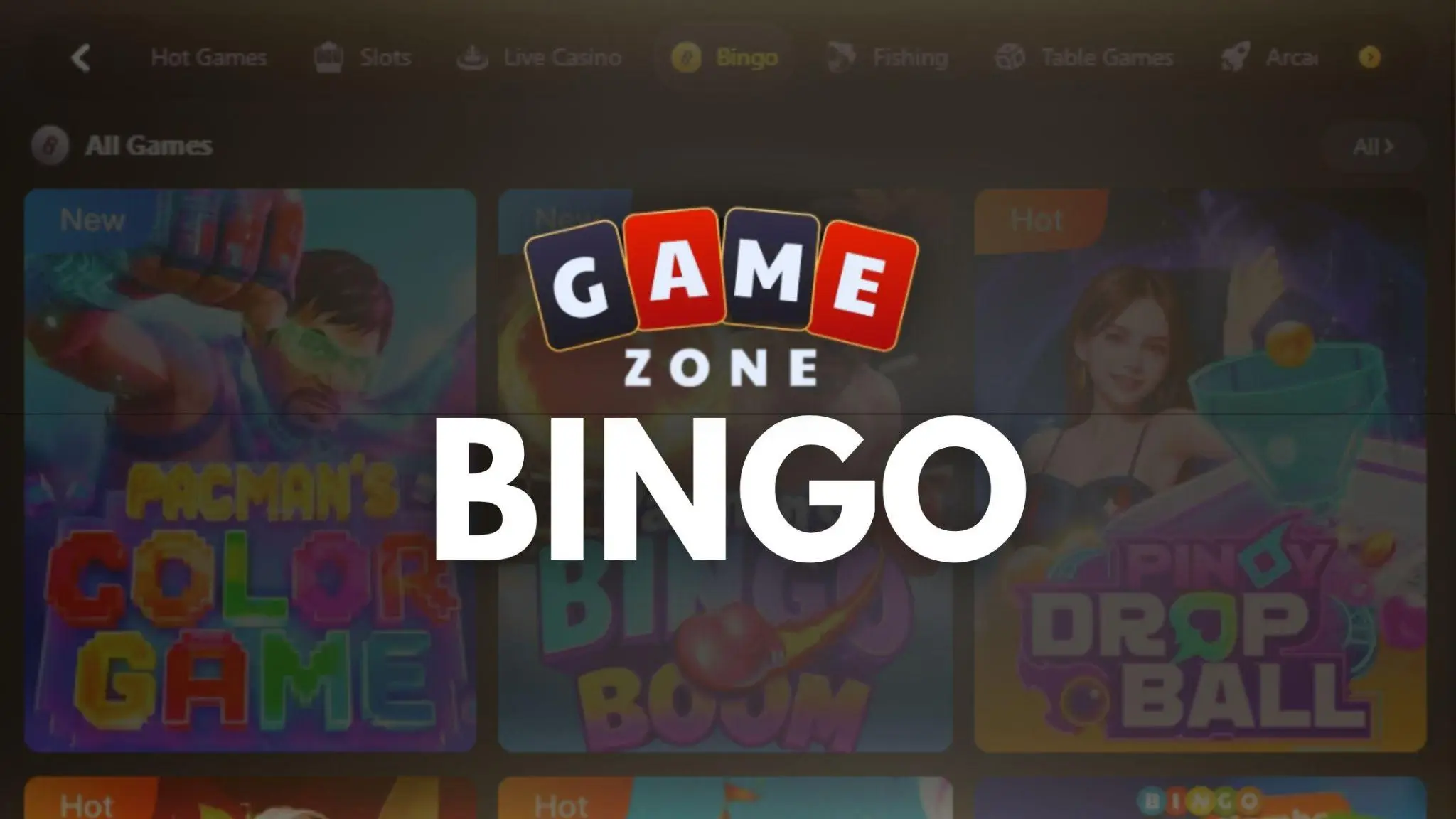 User interface showing various colorful game options under a bingo category in an online game app