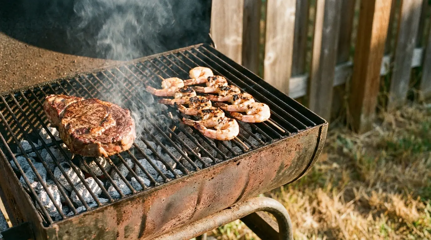 Steak and shrimp grilling on a barbecue with smoke rising in a backyard setting