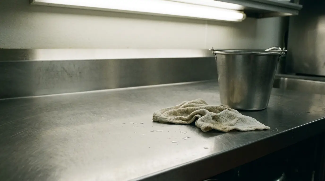 Wet metal countertop with cleaning rag and metal bucket in industrial kitchen setting