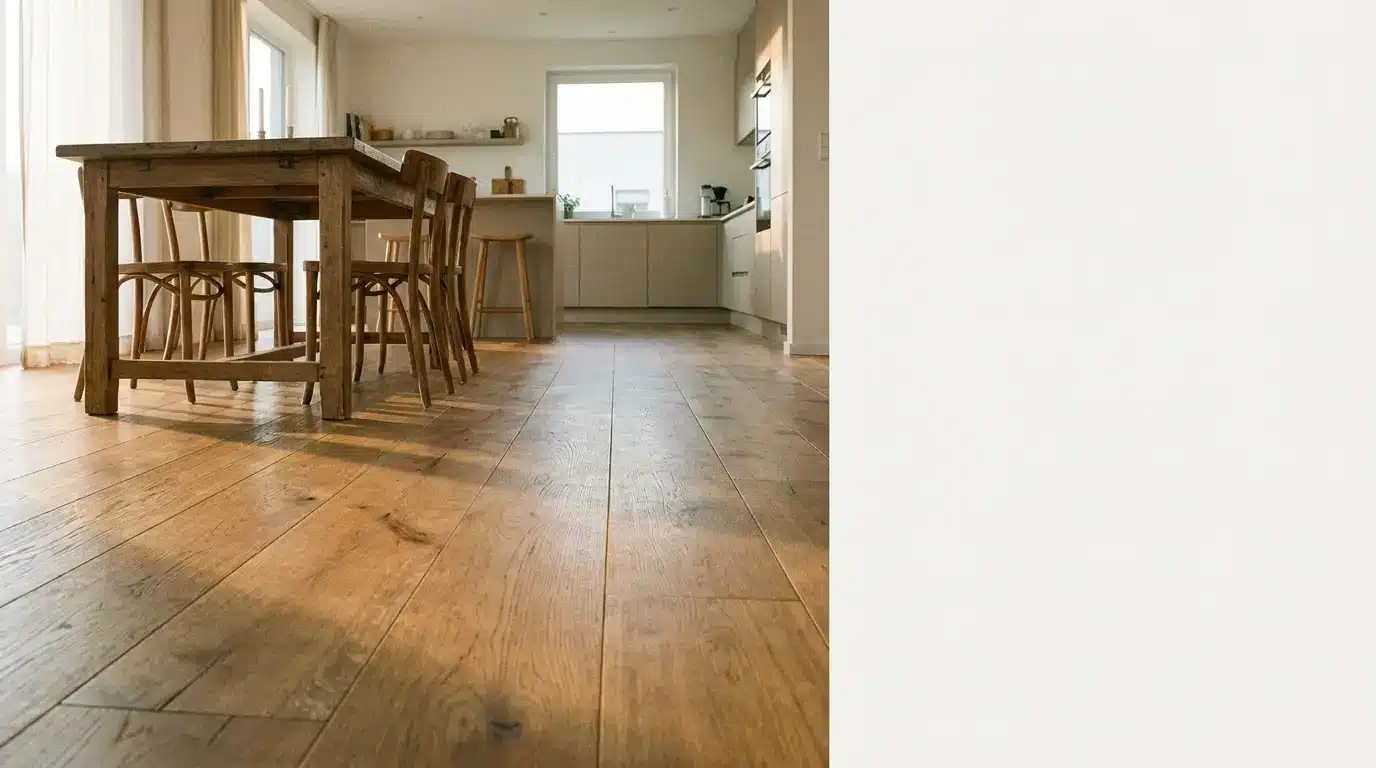 Wooden dining table with chairs in spacious modern kitchen with light wood flooring