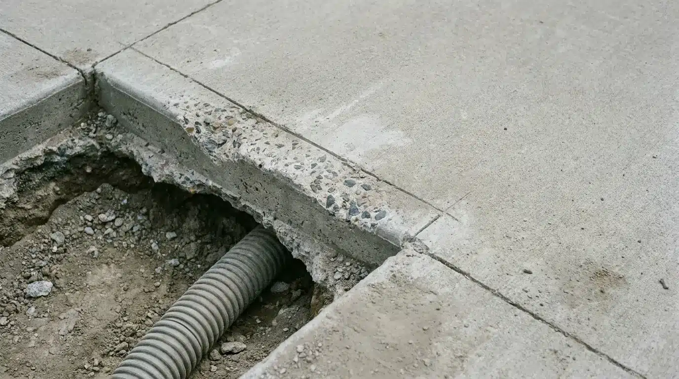 Broken concrete pavement revealing corrugated pipe underneath in outdoor construction setting