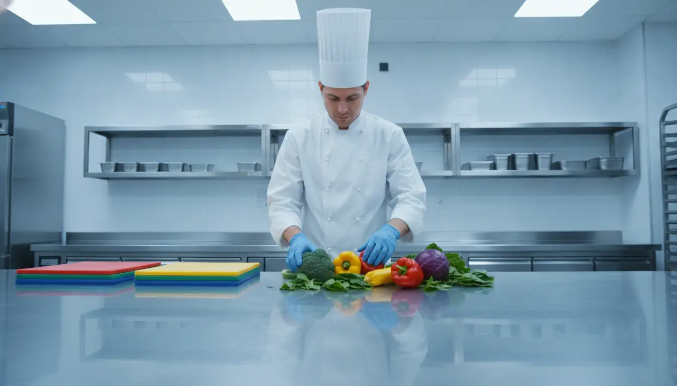 Chef in white uniform preparing vegetables on stainless steel countertop in professional kitchen