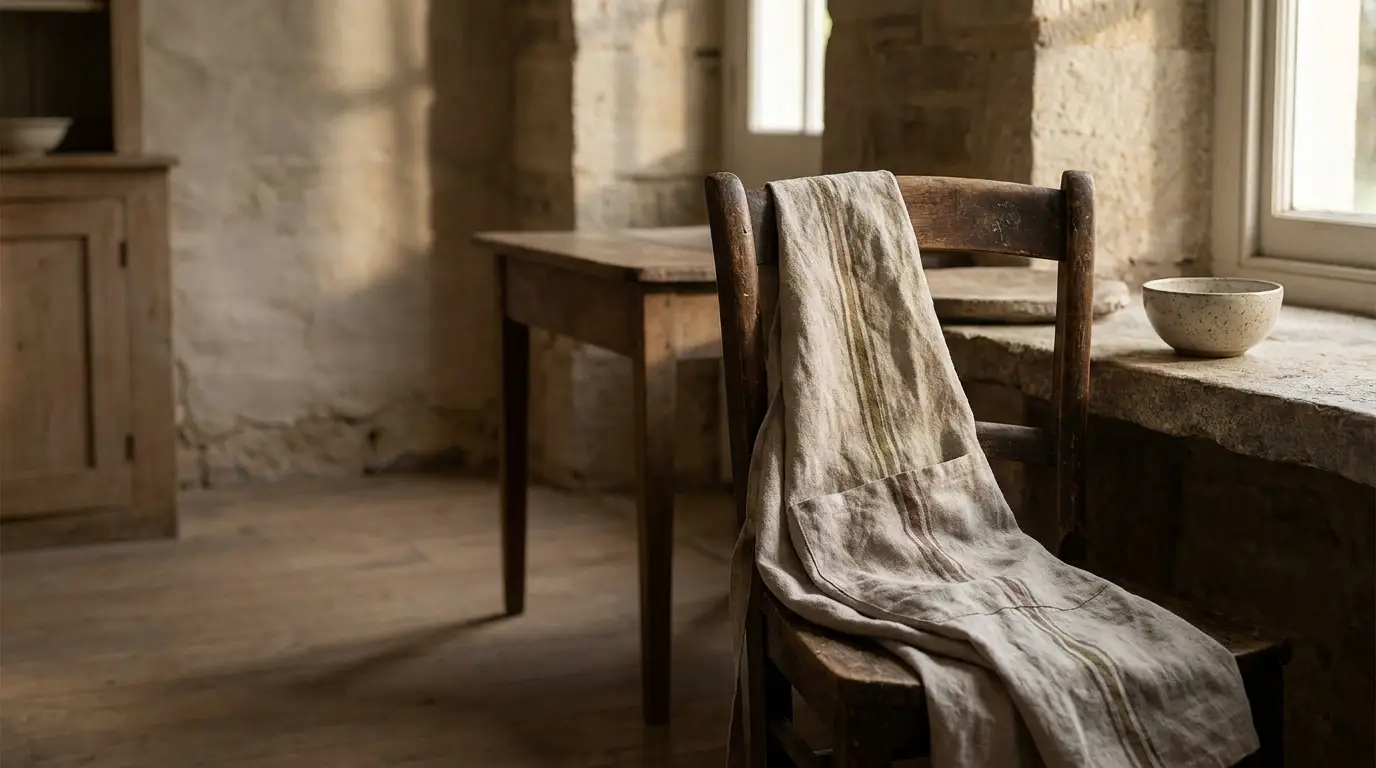 Rustic kitchen scene with wooden chair draped in fabric and speckled bowl on stone windowsill