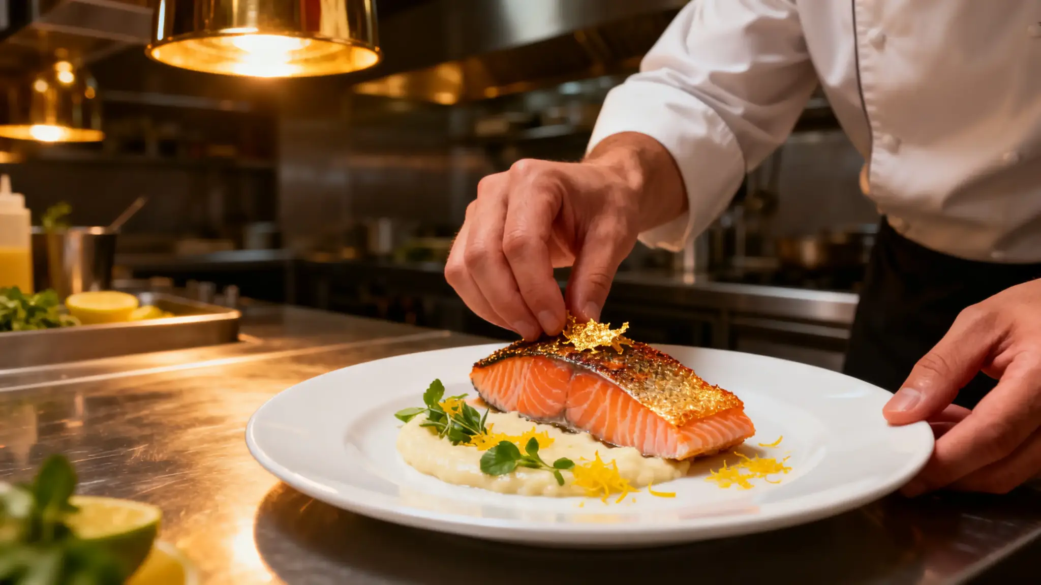 Chef garnishing gold-leaf salmon on puree in professional kitchen under warm lighting