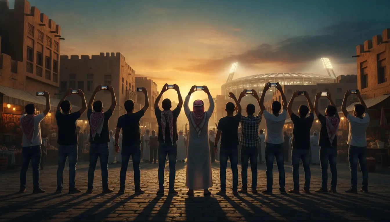 Group of people facing soccer stadium at sunset, holding smartphones in traditional marketplace