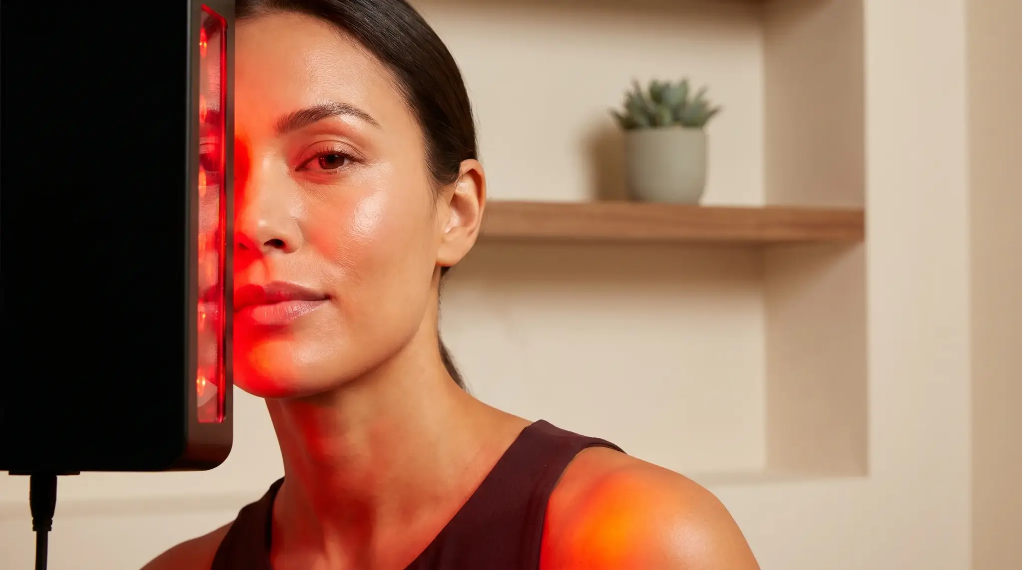Woman receiving red light therapy next to device in minimalist room with shelf