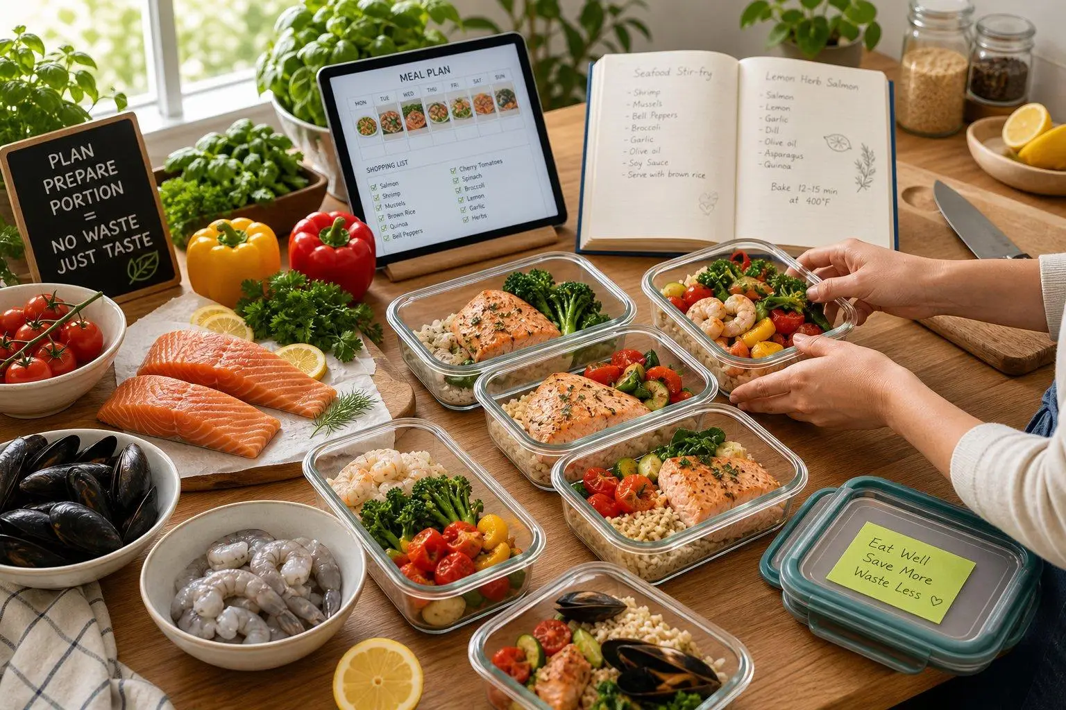 Meal prep containers with salmon, quinoa, and vegetables on wooden table near recipe notes and tablet