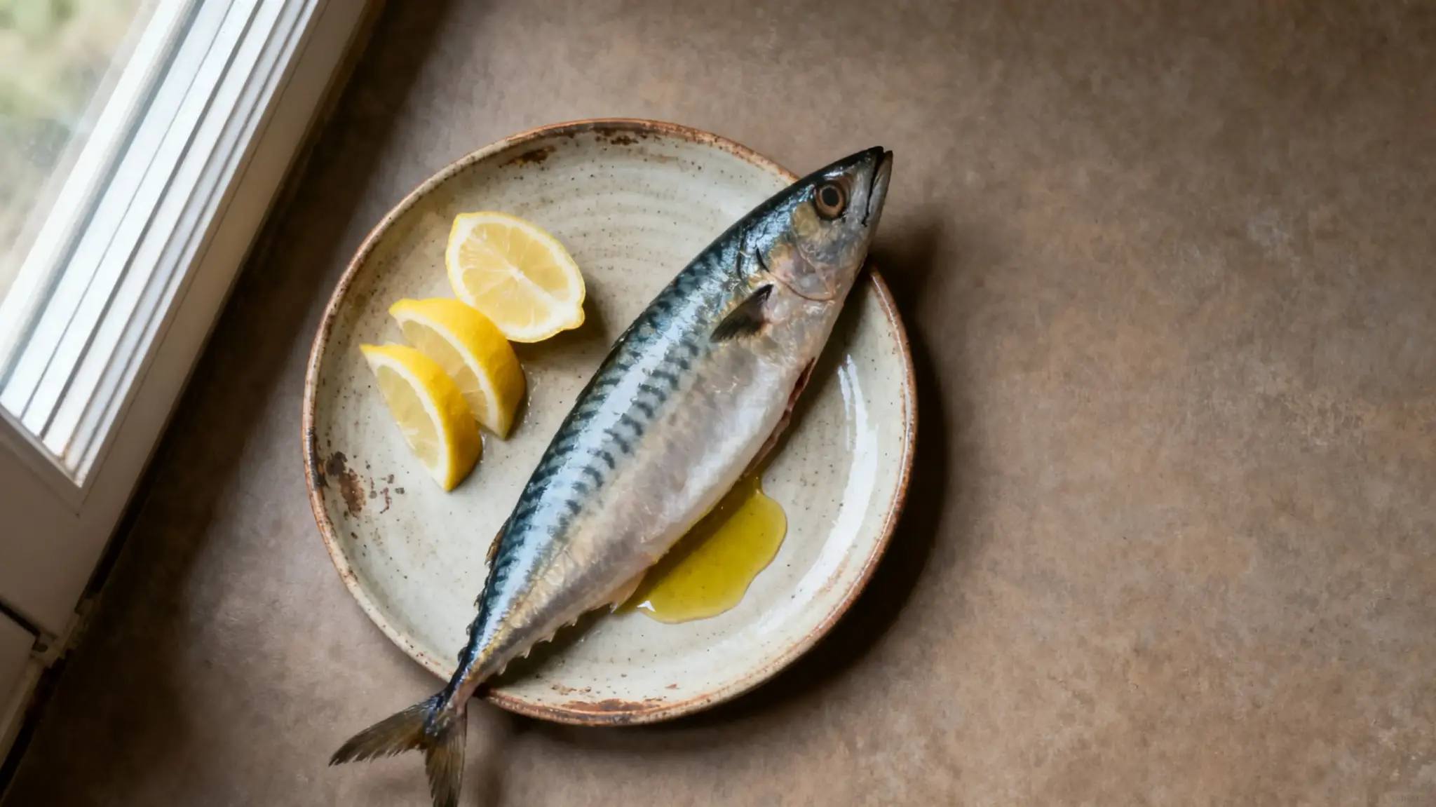 Fish on a ceramic plate with lemon wedges and olive oil near a window