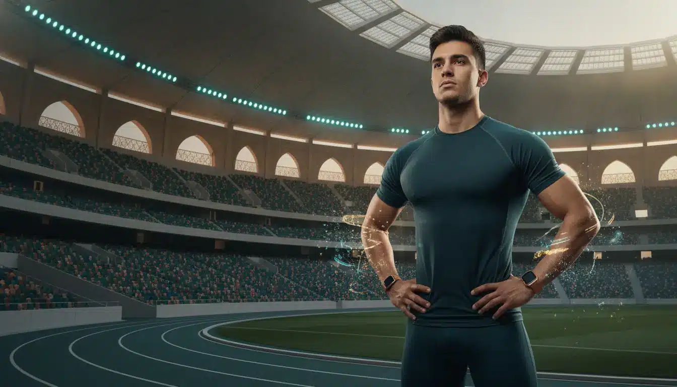 Athlete in dark sportswear standing confidently in empty stadium with running track and bright lights