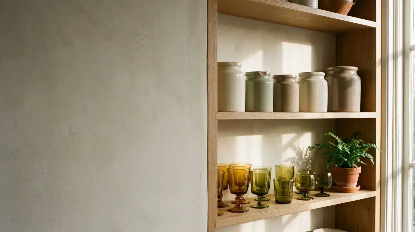 Ceramic jars and green glasses on wooden shelves in sunlit room
