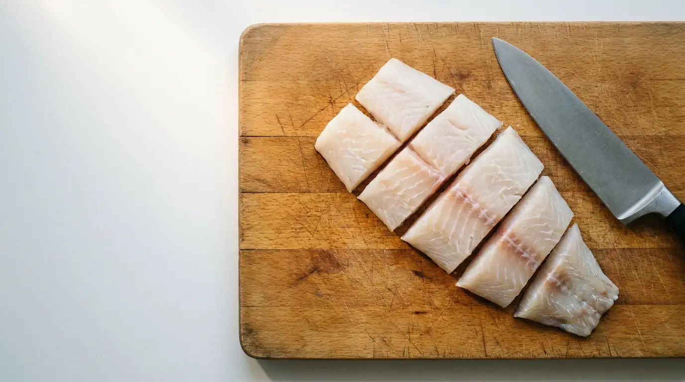 Slices of raw fish on wooden cutting board with knife in bright kitchen