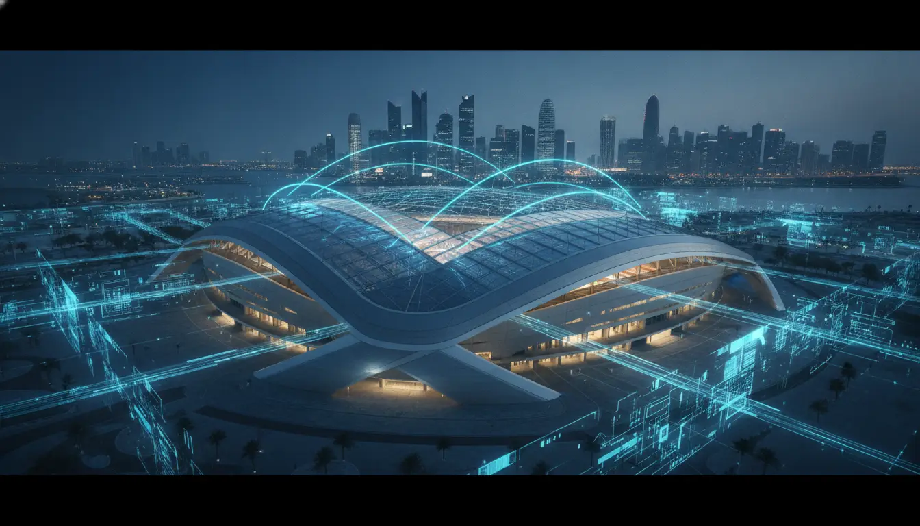 Futuristic stadium with glowing digital network overlay against city skyline at dusk