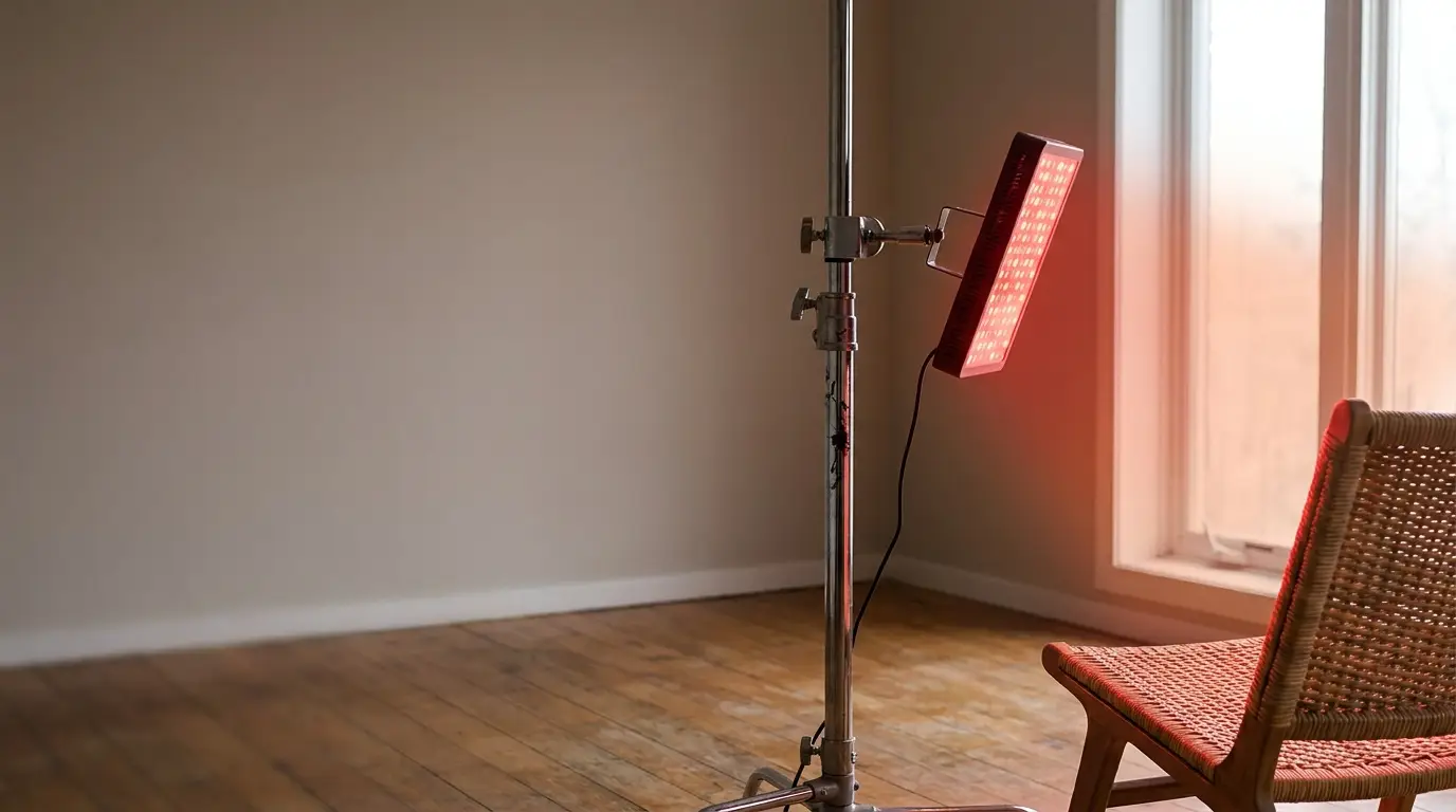 Red light therapy panel illuminating an empty chair in a minimalist room with wooden floor