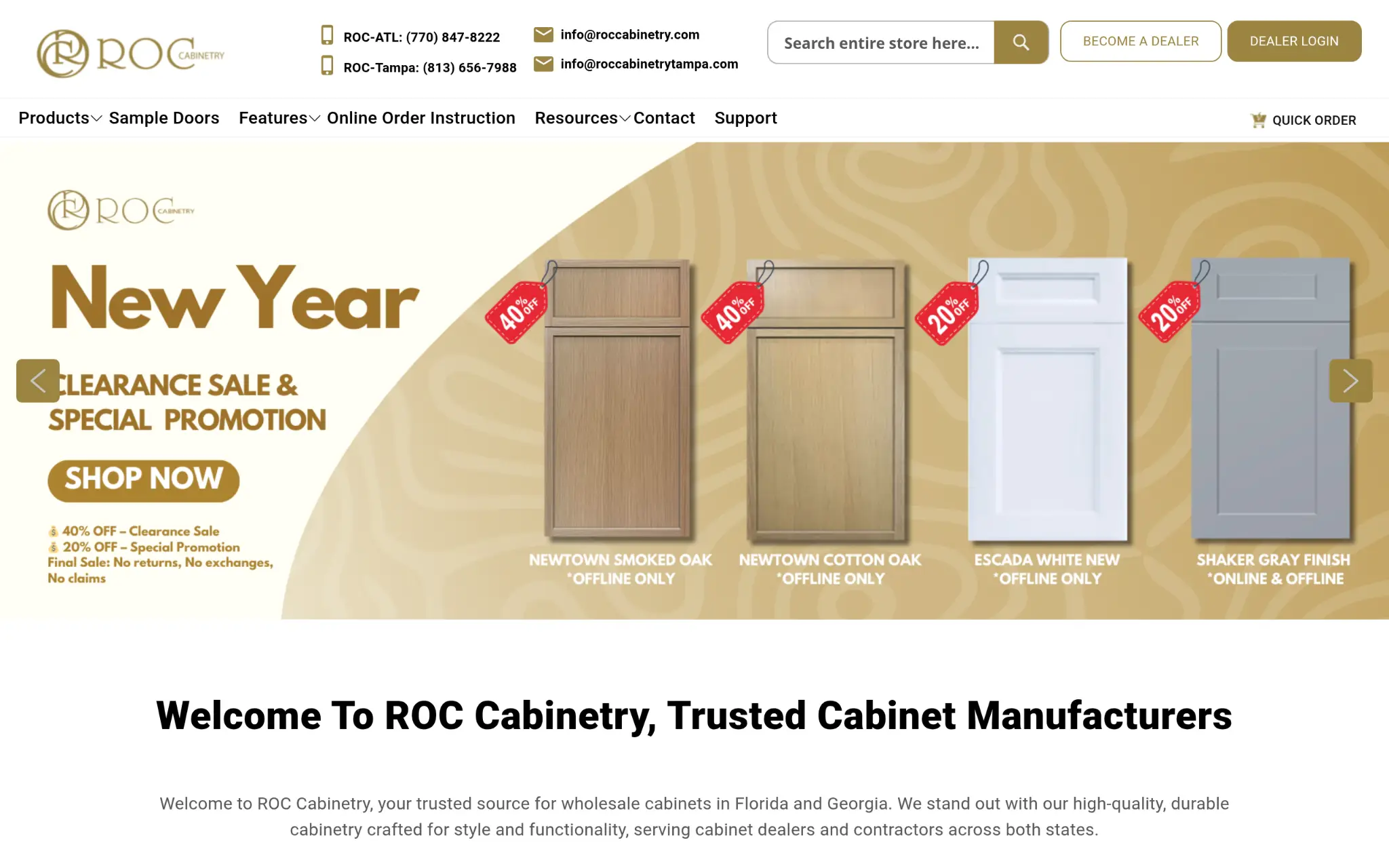 Cabinet samples with discount tags on beige patterned background promoting clearance sale