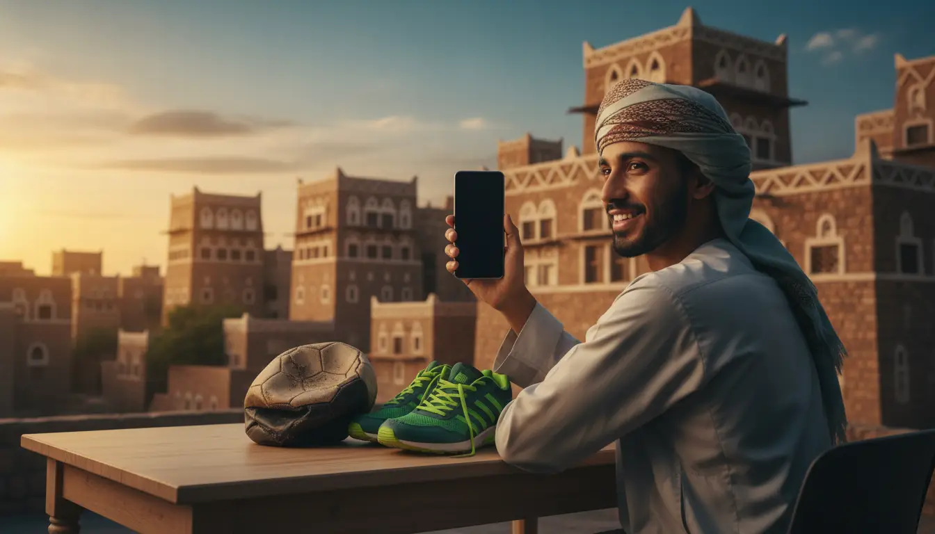 Man in traditional attire holding smartphone at sunset, with worn soccer ball and green sneakers on table