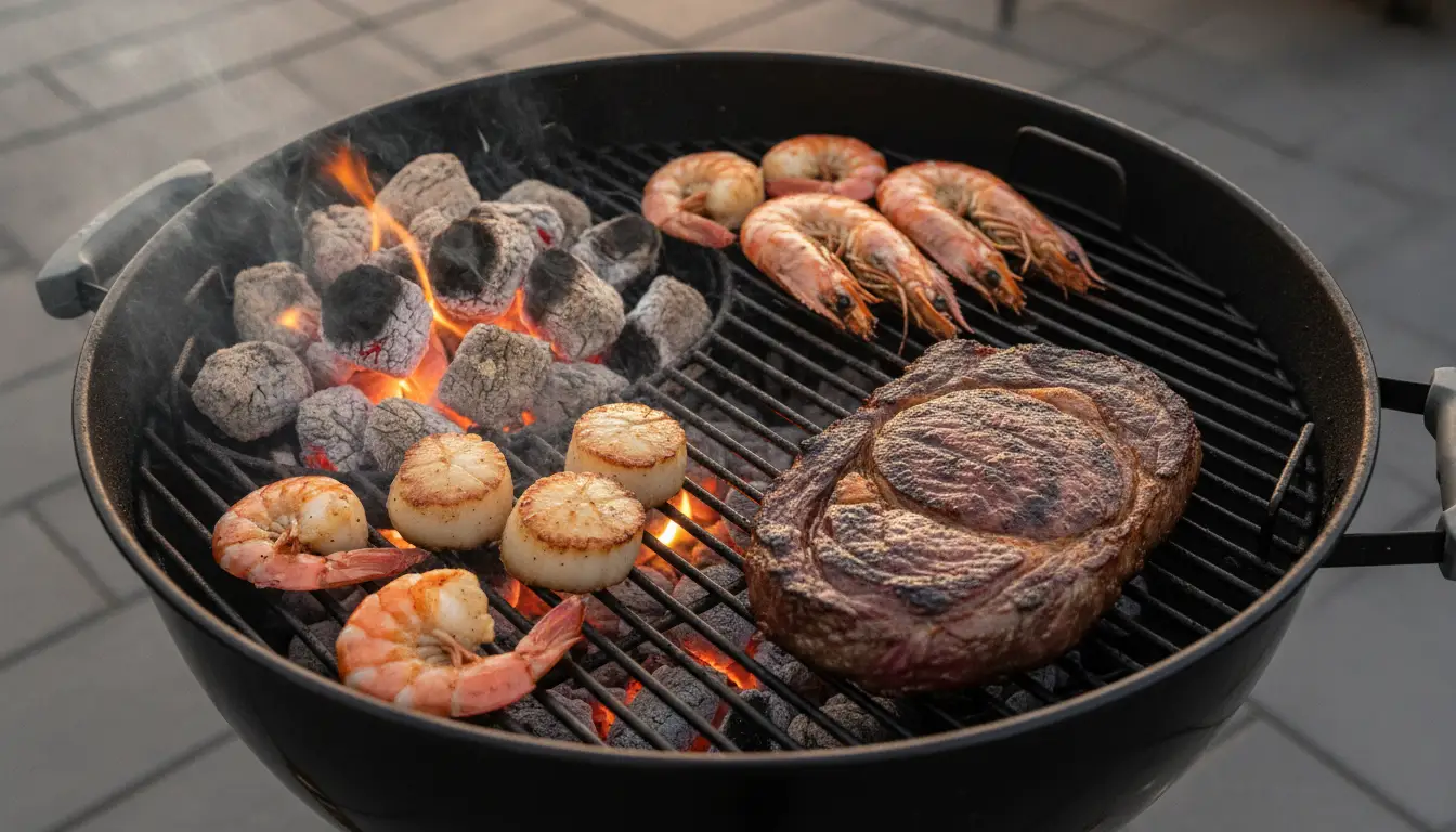 Steak, shrimp, and scallops grilling over hot coals on a barbecue grill