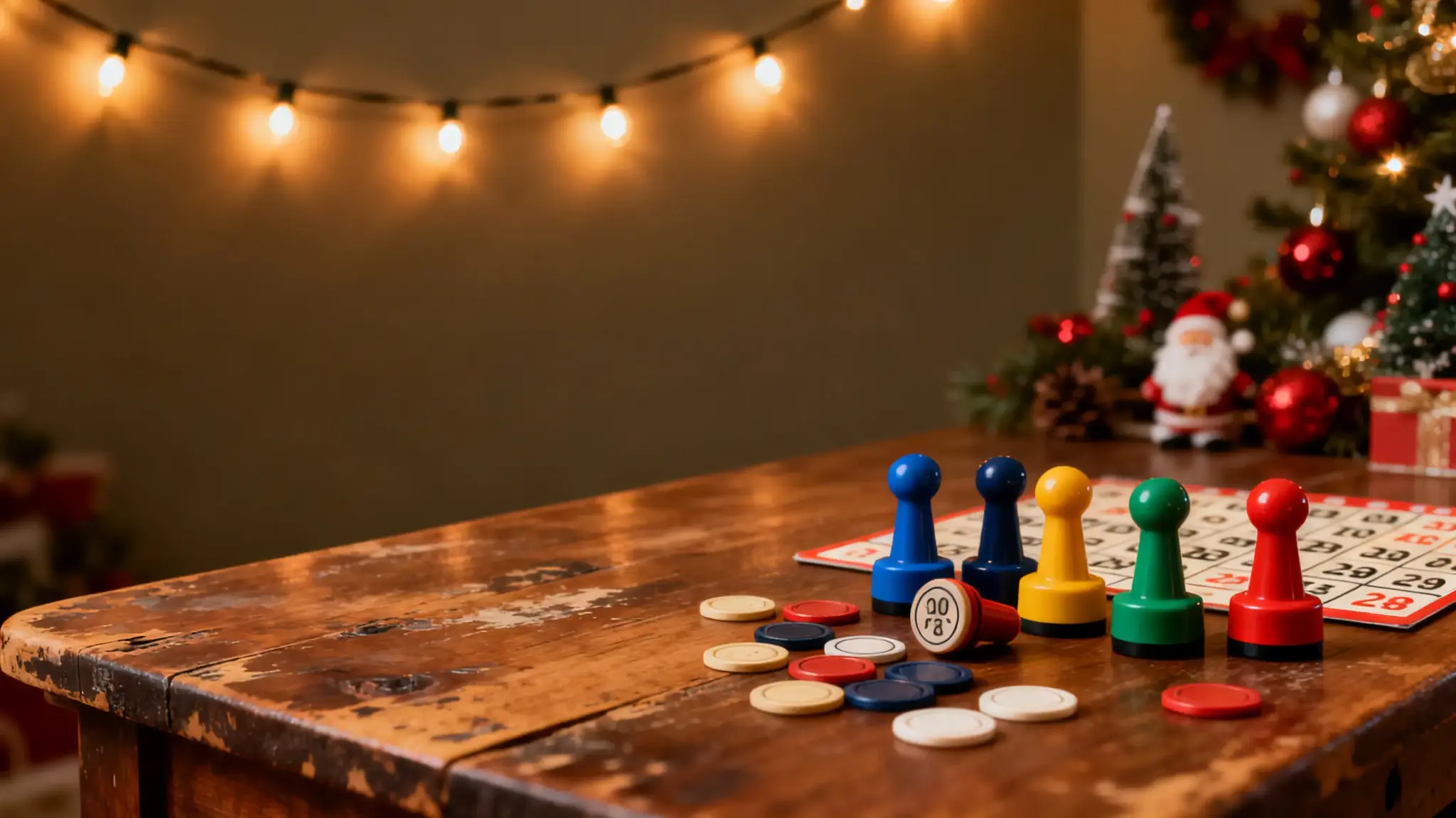Board game pieces and bingo cards on rustic table with festive holiday decor in background
