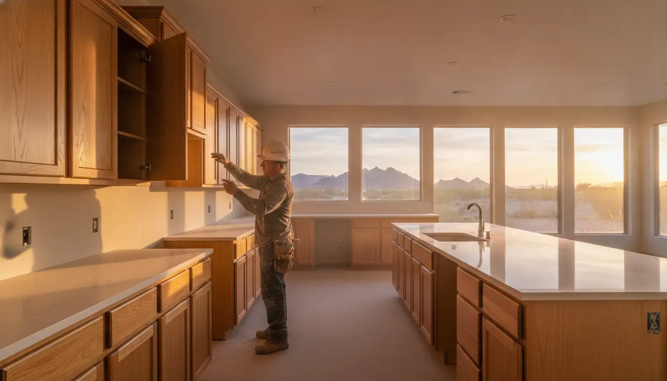 Construction worker installing cabinets in a sunlit kitchen with mountain view through windows