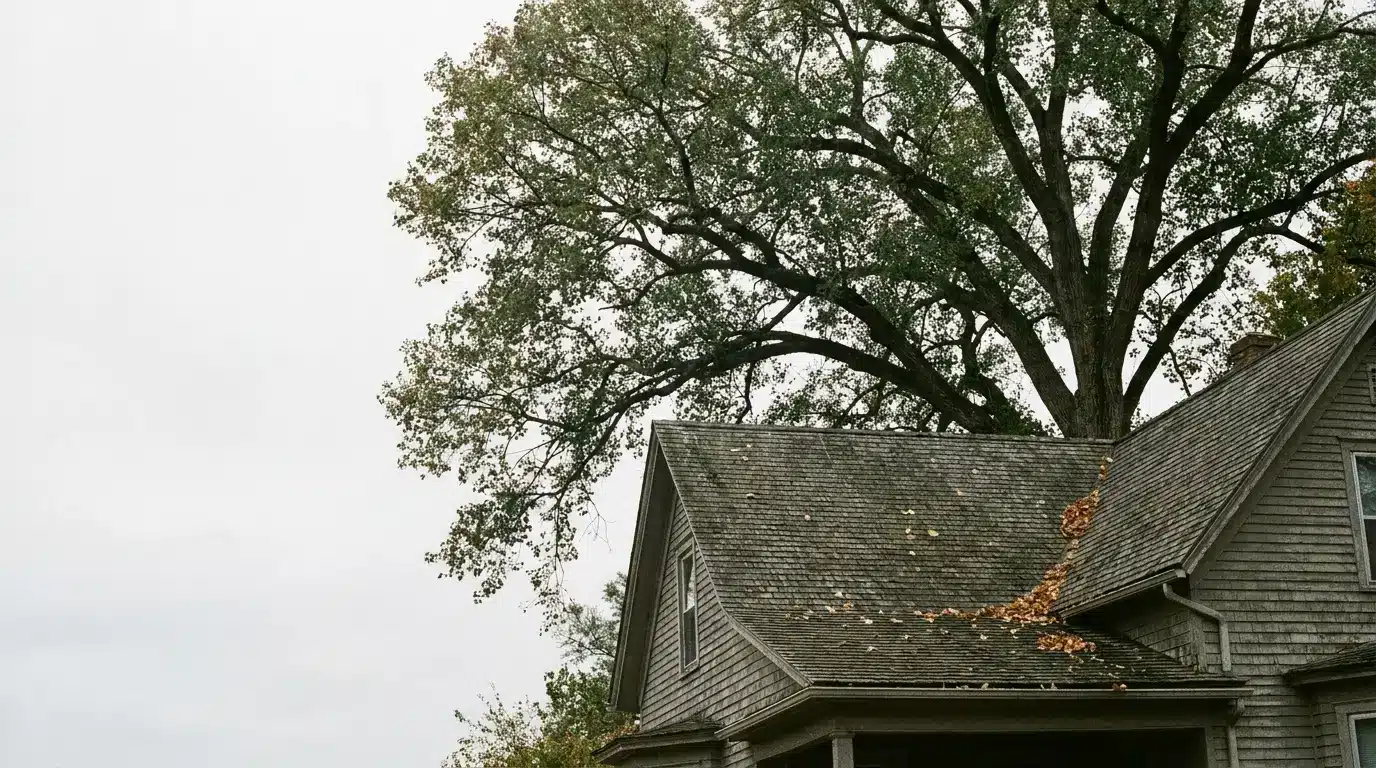 Weathered wooden house with shingled roof under large tree with fallen leaves