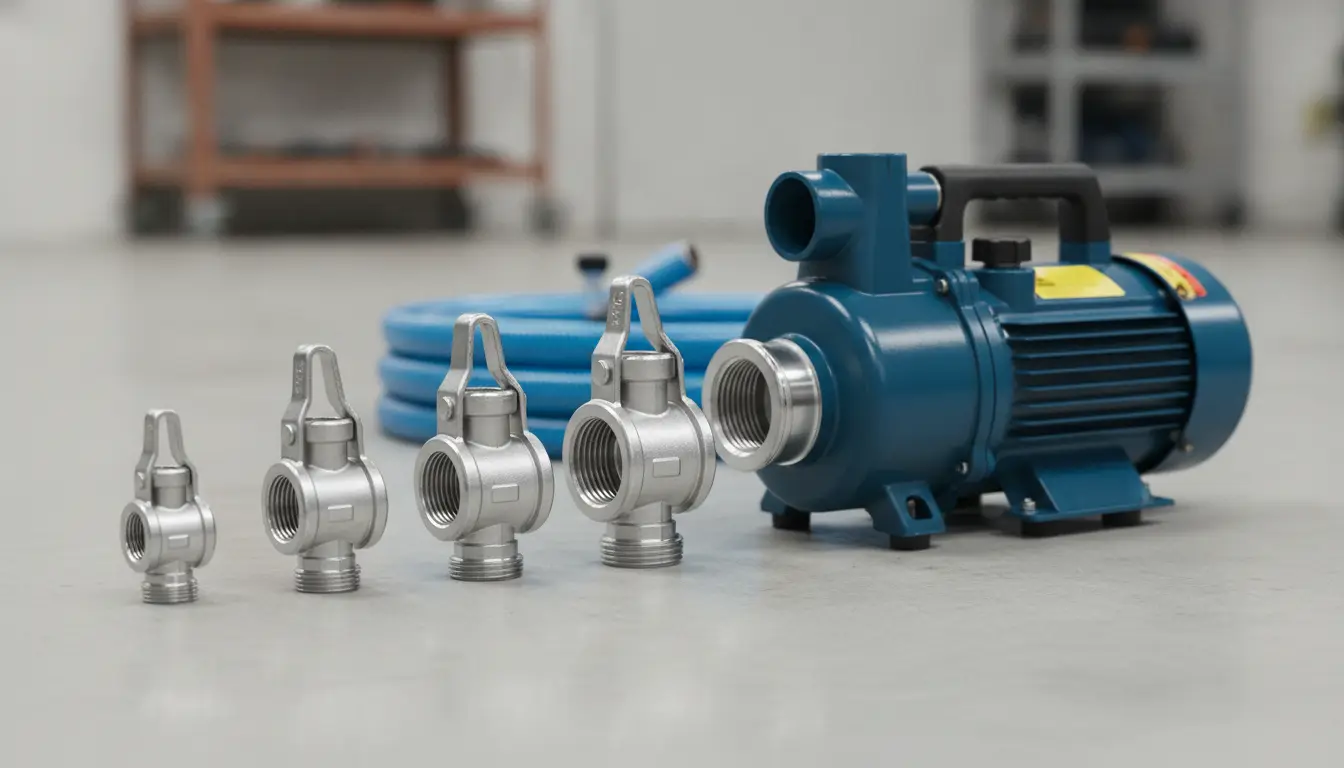 Blue electric pump with four stainless steel fittings on gray floor in industrial setting