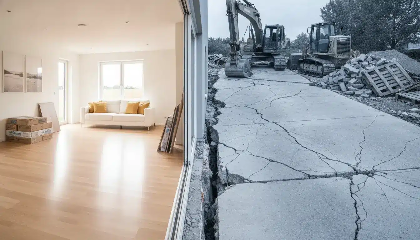 Empty living room with light wood flooring and new construction site with heavy machinery and cracked pavement