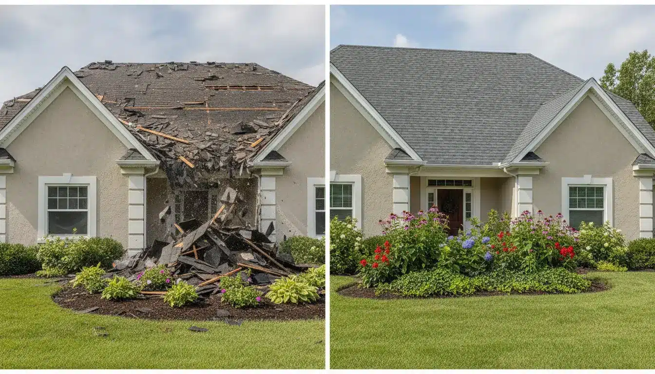 Side-by-side comparison of house roof before and after repair with lush garden