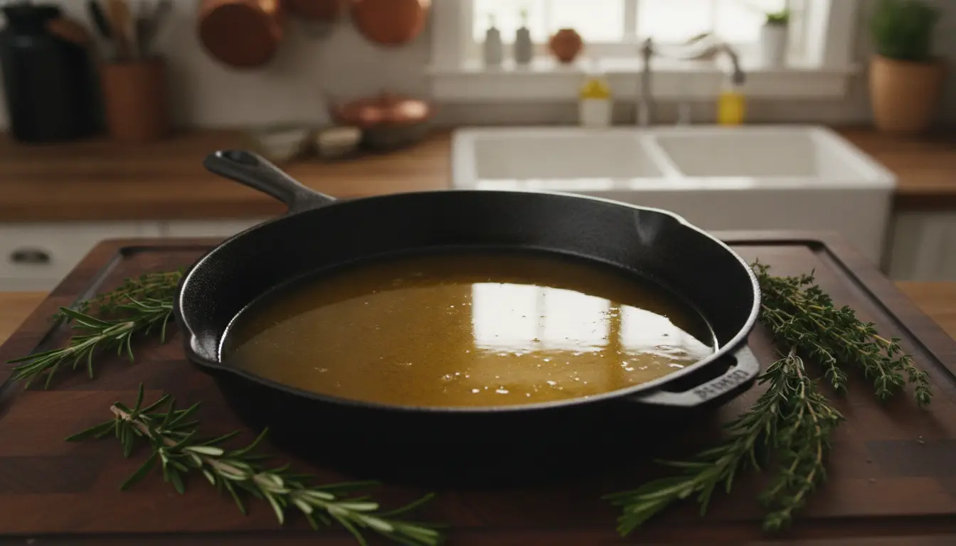 Cast iron skillet with sauce surrounded by fresh herbs on wooden cutting board in kitchen