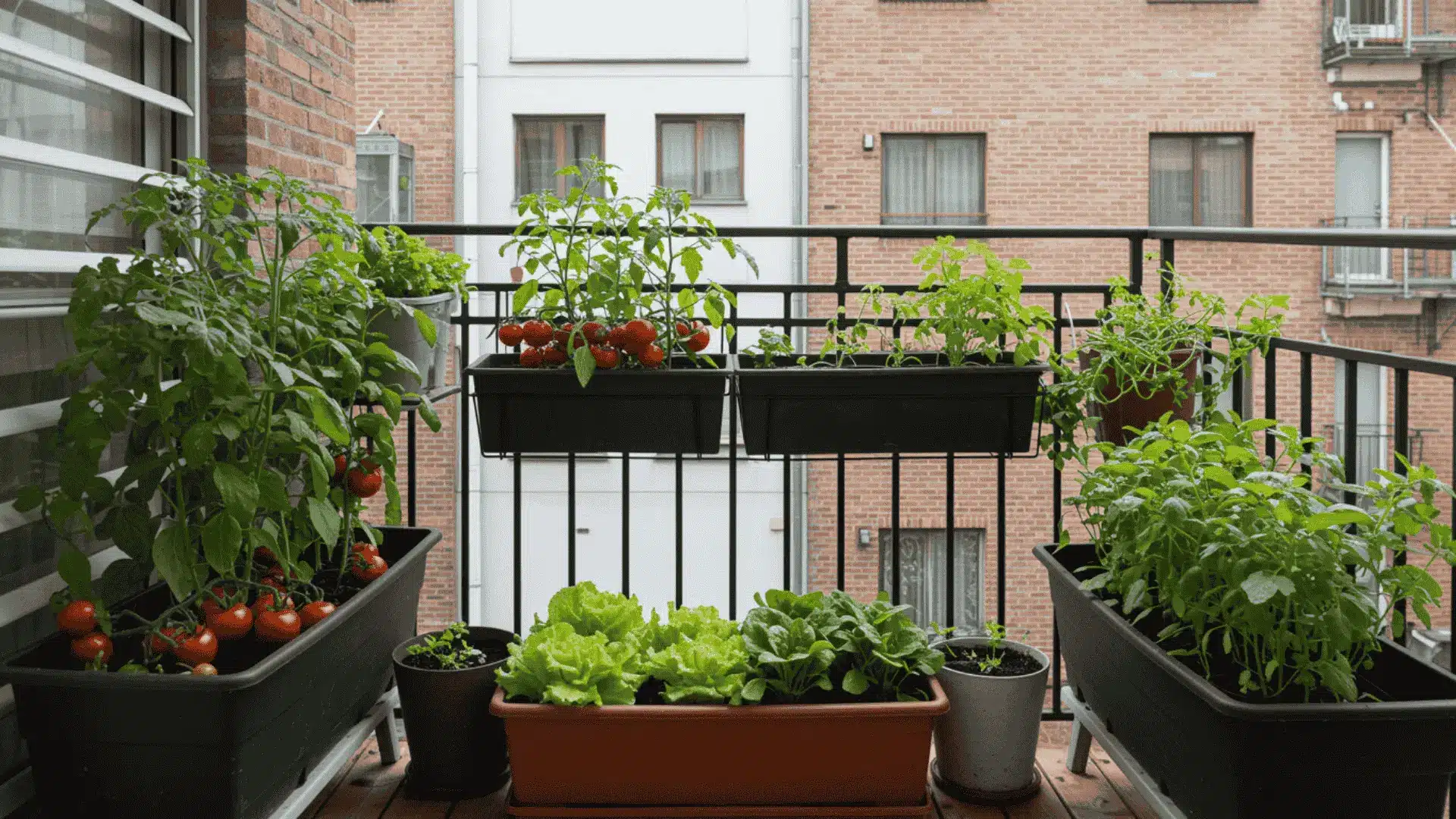 A balcony container garden with lush tomato plants, bright green lettuce, and leafy herbs growing in various pots