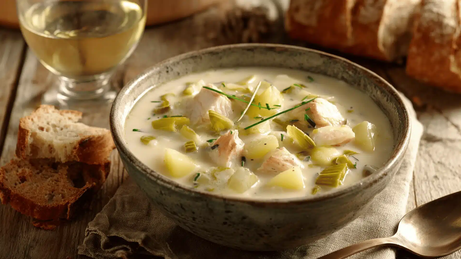 A bowl of creamy fish chowder with potatoes and leeks, served alongside crusty bread and a glass of white wine on a rustic wooden table.