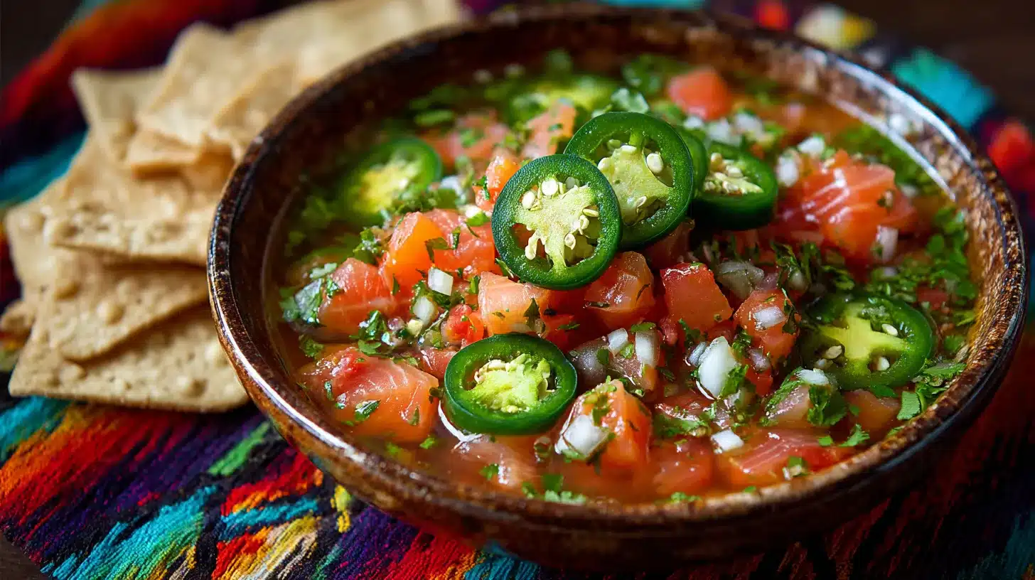 A bowl of fresh Mexican ceviche with chopped tomatoes, onions, cilantro, and sliced jalapeños, served alongside tortilla chips