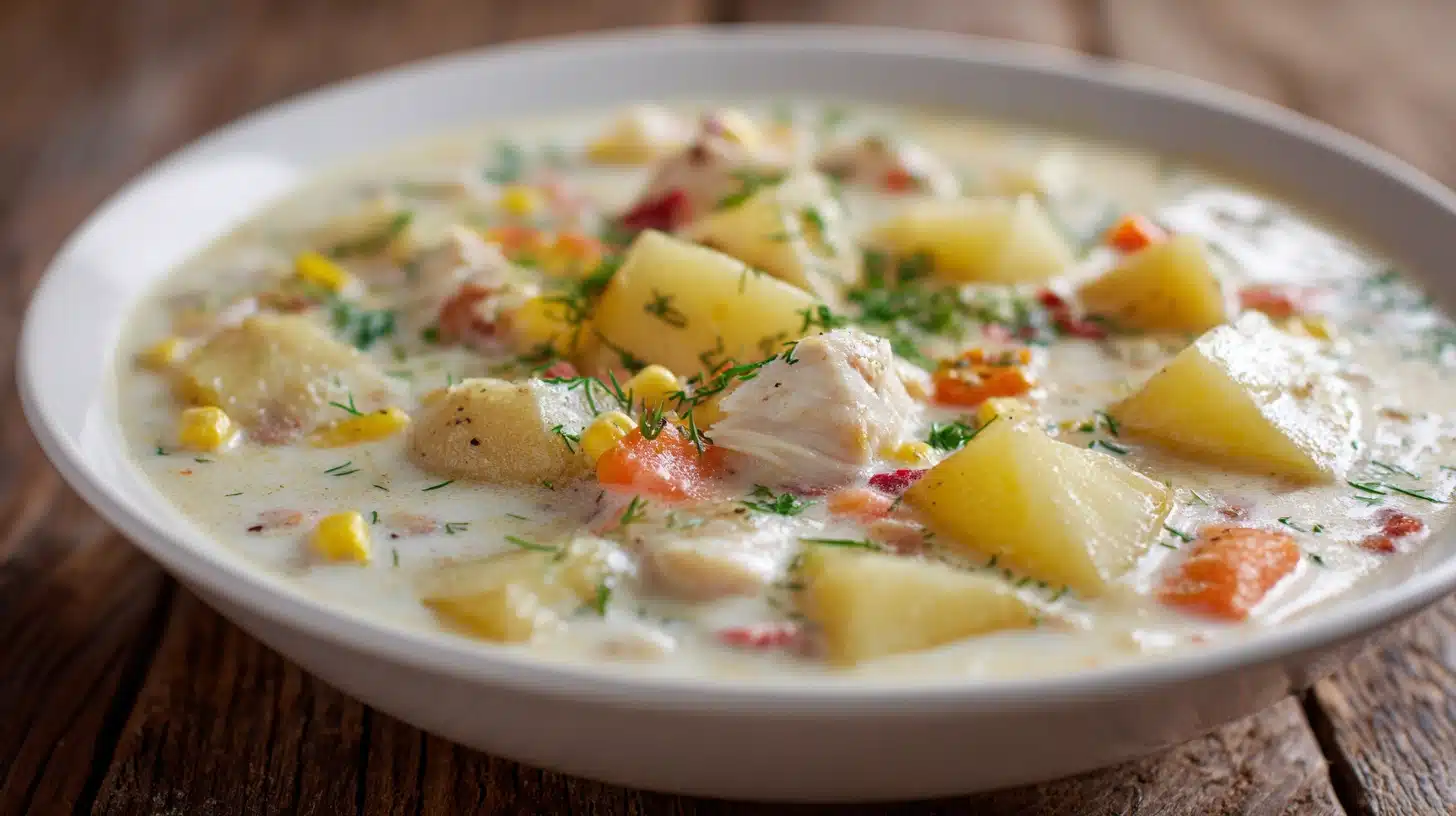 A close up of creamy haddock fish and potato chowder with corn carrots and dill served in a white bowl on a rustic wooden surface
