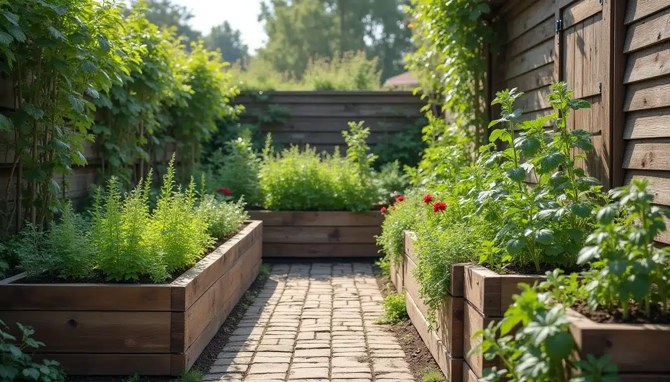 A garden with wooden planters displaying an array of plants for container vegetable gardening