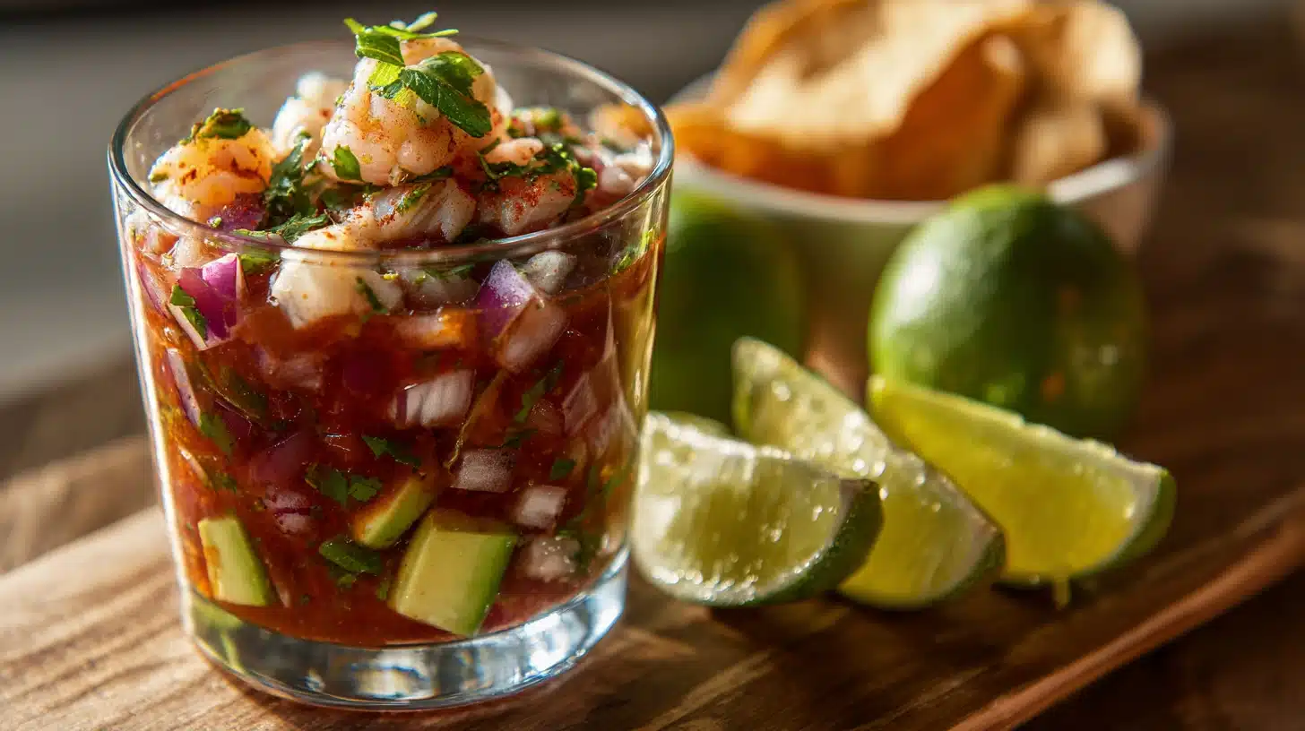 A glass of Mexican ceviche with avocado and red onion sits on a wooden board next to fresh lime wedges and tortilla chips