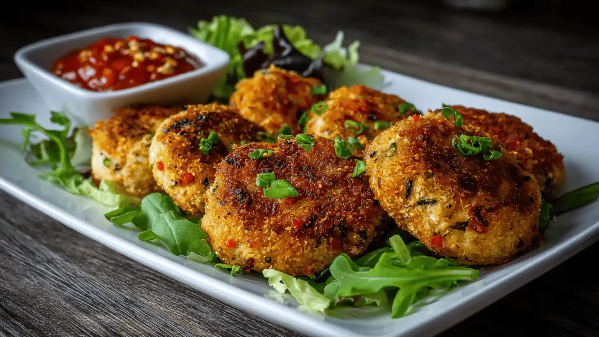 A plate of golden brown cod fish cakes garnished with chopped green onions served on greens with a red dipping sauce in a square dish