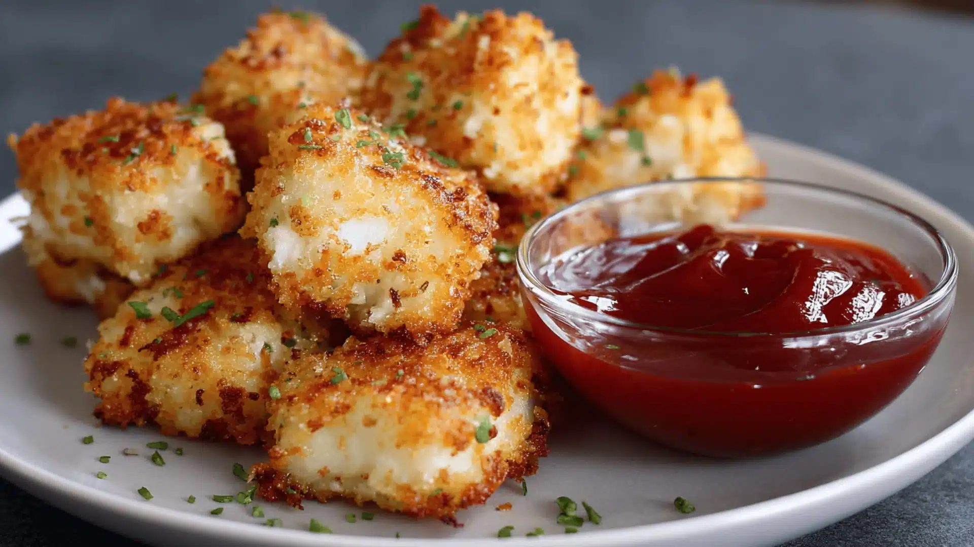 A plate of golden brown fried cheese cod bites garnished with chives sits beside a small glass bowl of ketchup