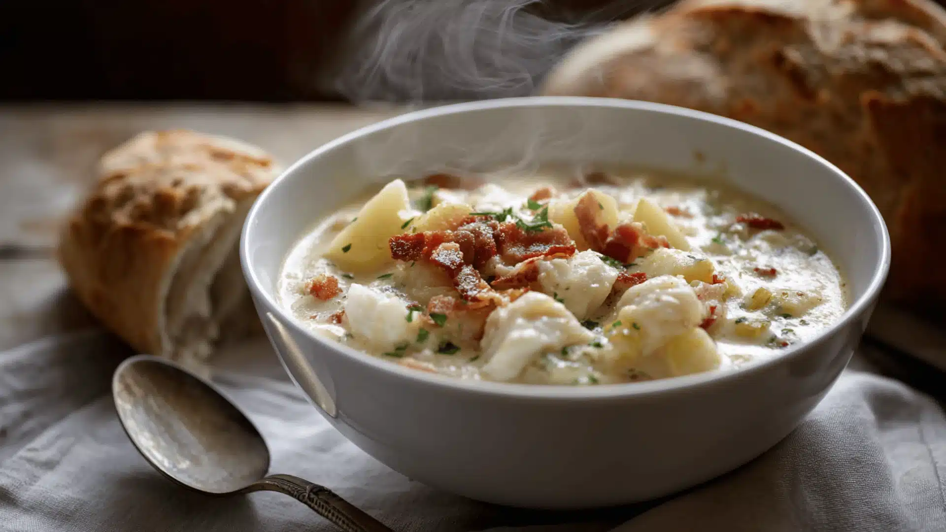 A steaming bowl of creamy chowder topped with potato bits and haddock sits next to crusty bread and a silver spoon.