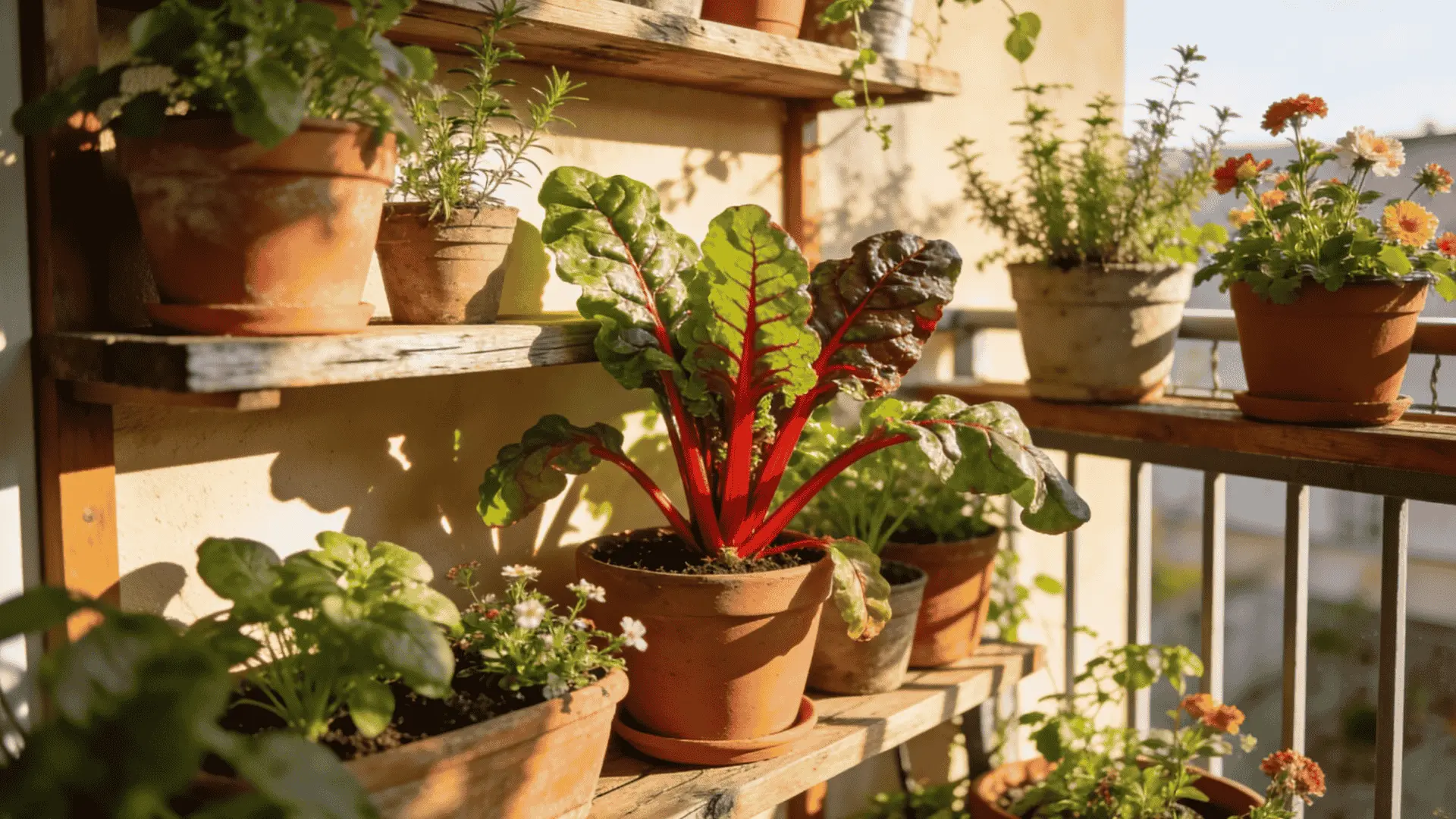 A sunny balcony with potted herbs and flowers on wooden shelves creating a cozy urban container garden