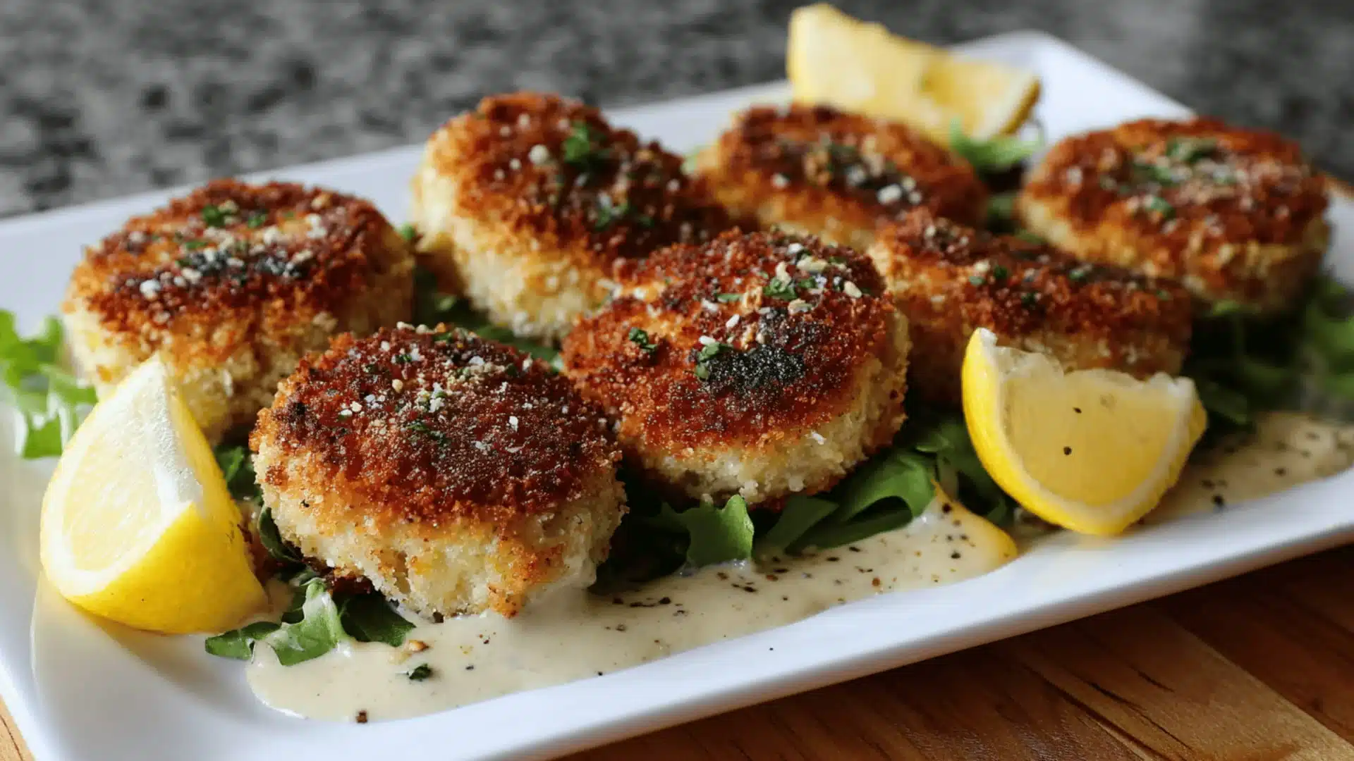 A white plate with many golden brown round fish cakes garnished with herbs served over greens with creamy sauce and lemon wedges