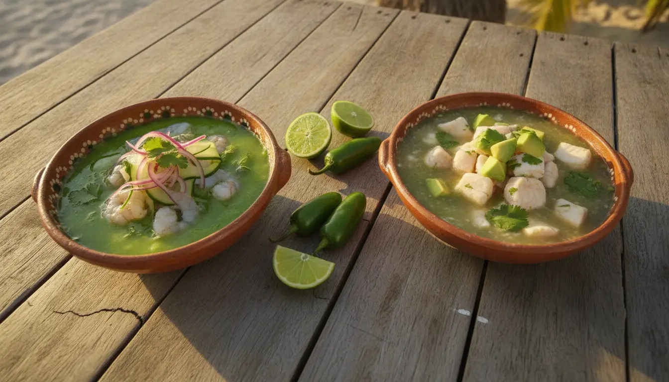 Two bowls of shrimp ceviche with lime and jalapenos on wooden table outdoors