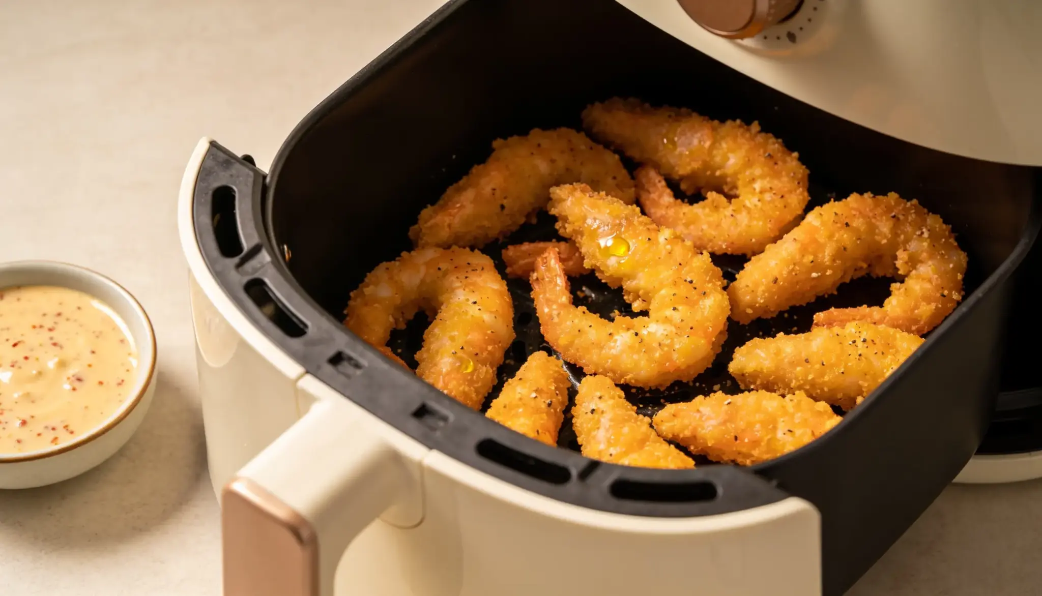 Air fryer basket filled with crispy breaded shrimp next to a small bowl of dipping sauce.