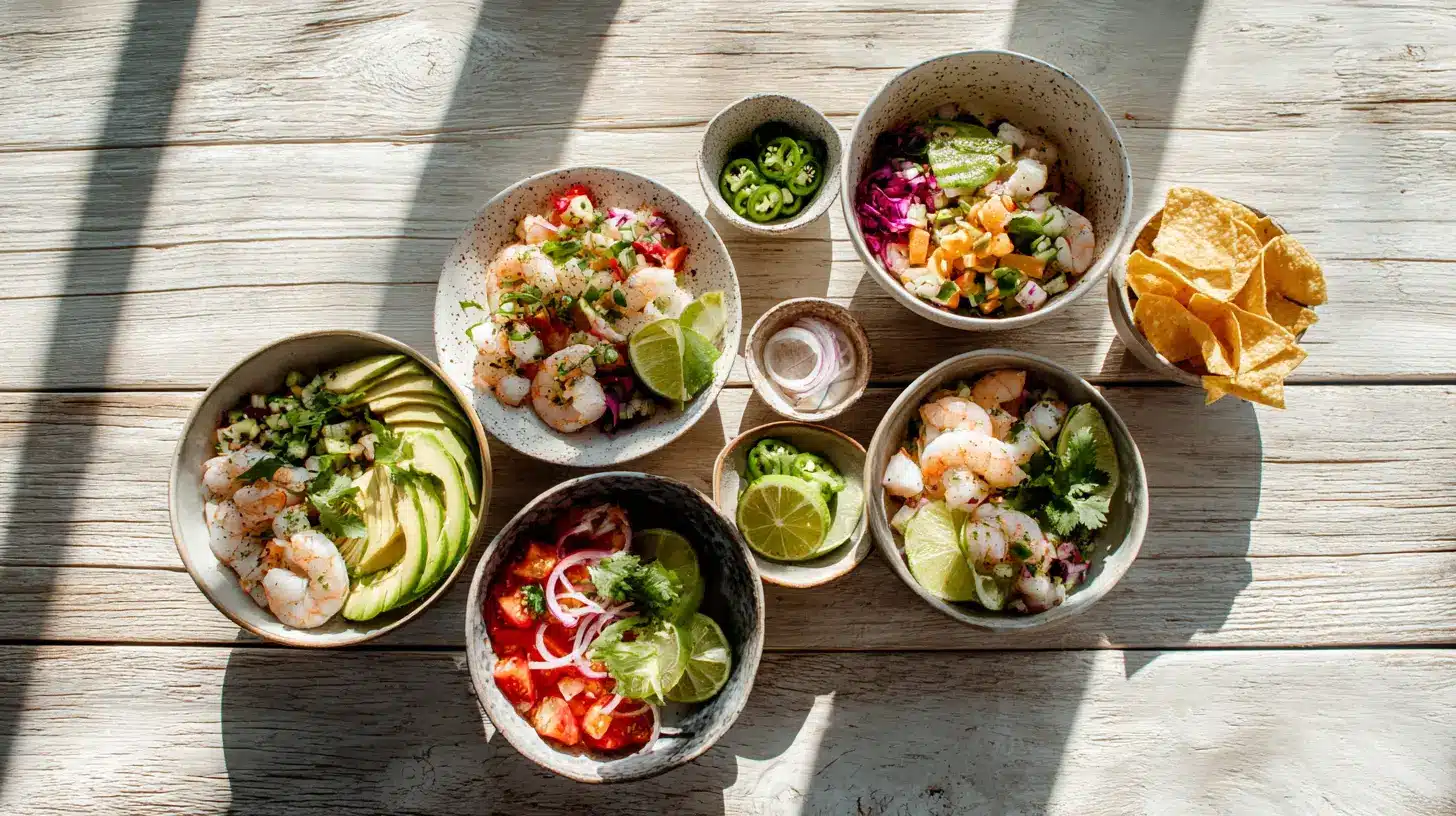 An assortment of Mexican ceviche bowls with avocado lime and garnishes served on a rustic wooden table with tortilla chips