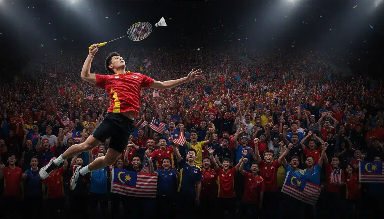 Badminton player jumping to hit shuttlecock in packed stadium with cheering crowd holding flags