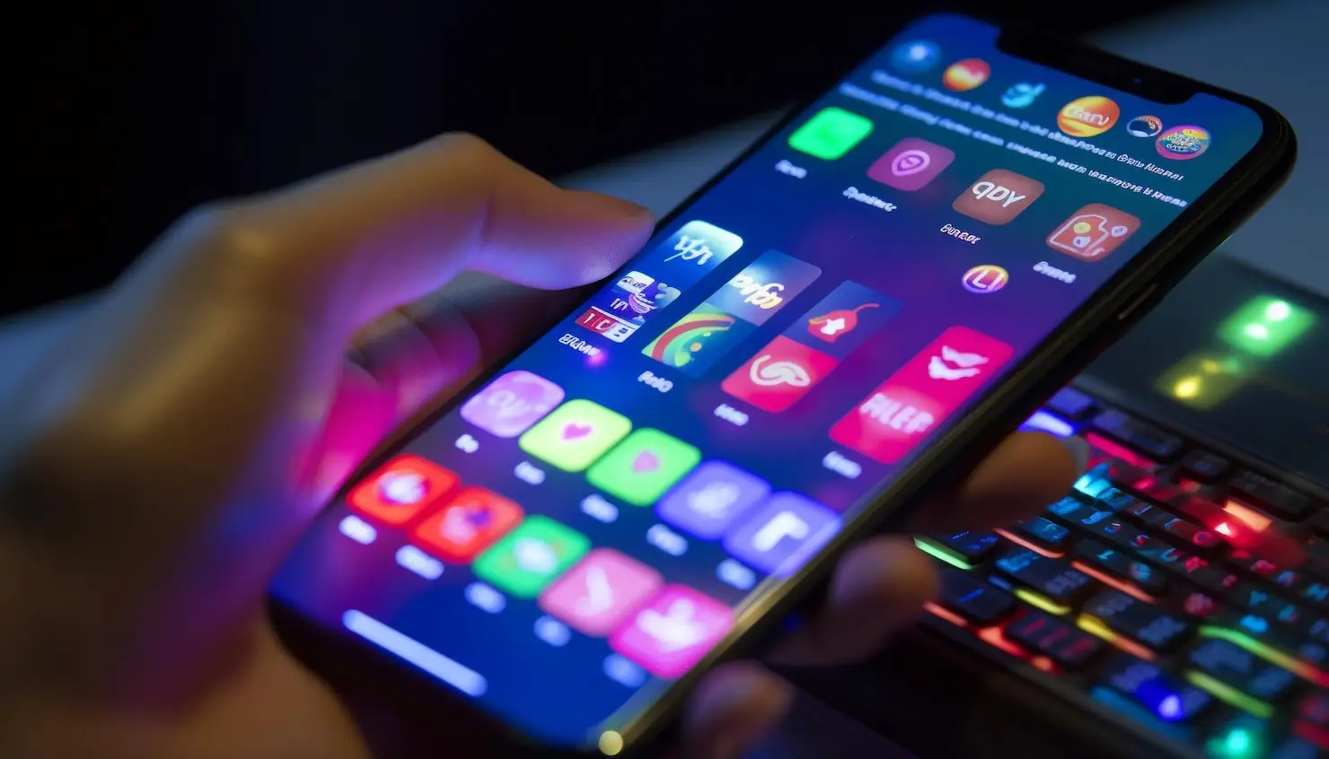 Hand holding smartphone with colorful app icons, beside illuminated gaming keyboard in dark setting