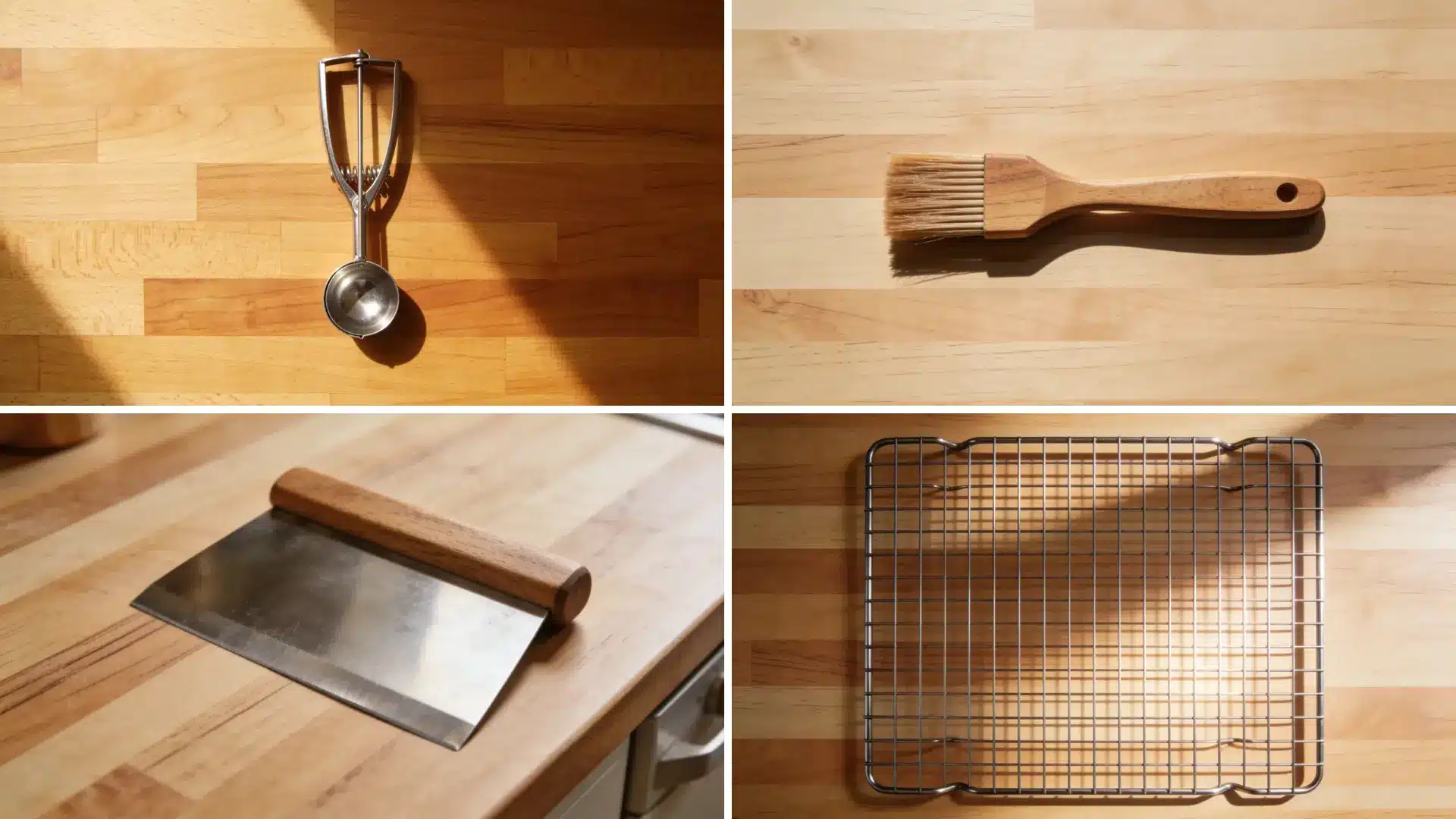 A wooden countertop features a spatula whisk and baking sheet indicating a cooking or baking setup
